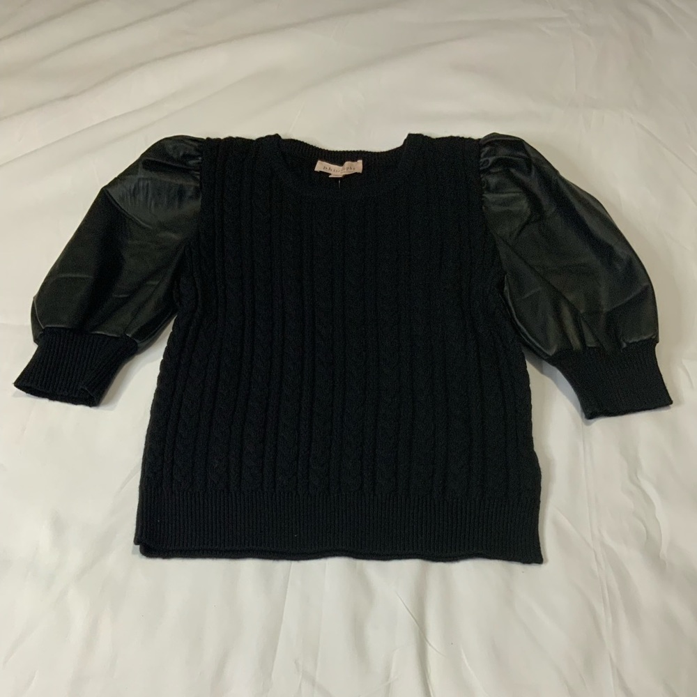 Philosophy black cable knit faux leather puff balloon sleeve sweater size Large - Picture 3 of 6